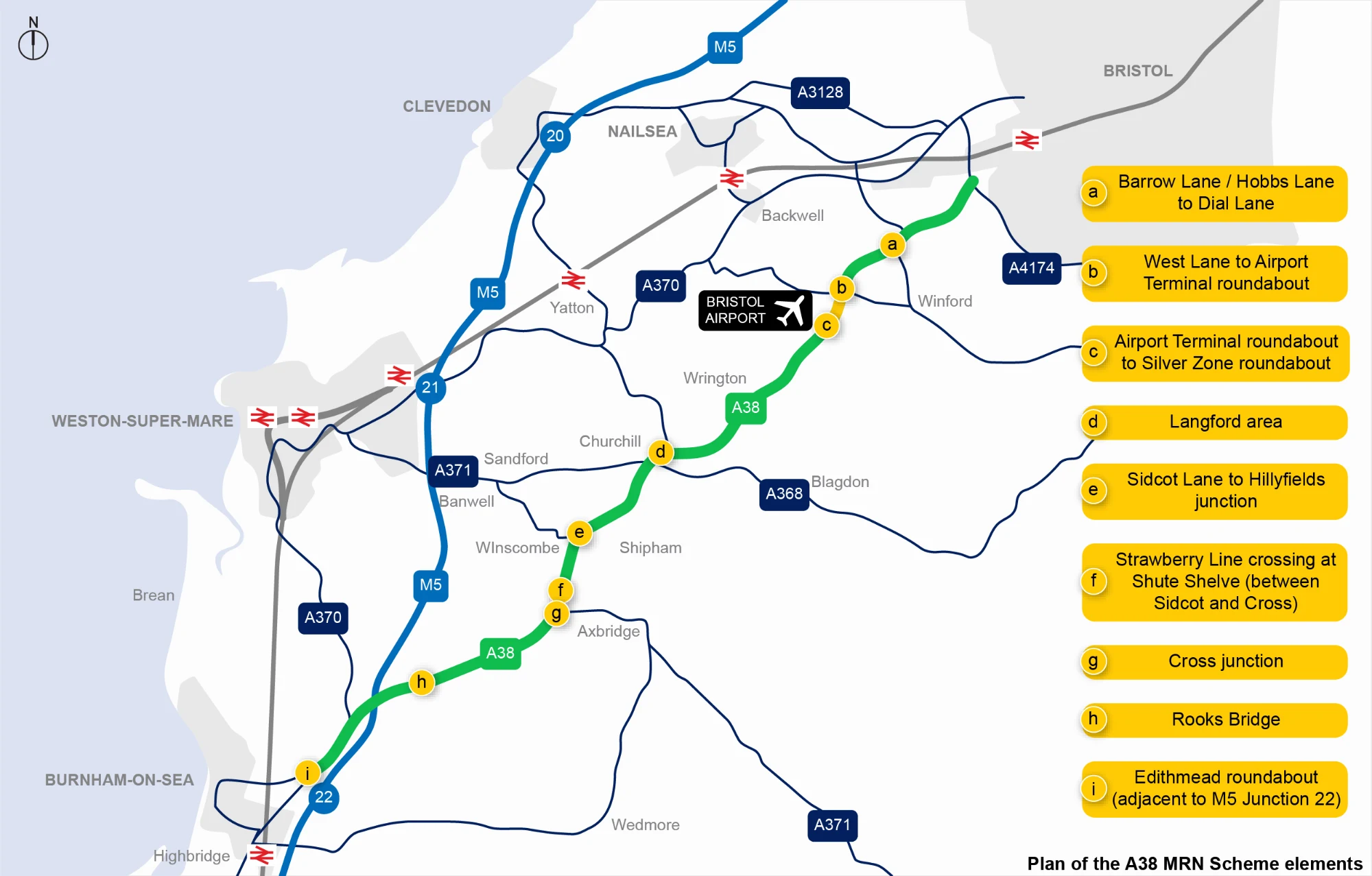 Plan of the nine A38 Major Road Network scheme locations between Barrow Tanks and M5 Junction 22