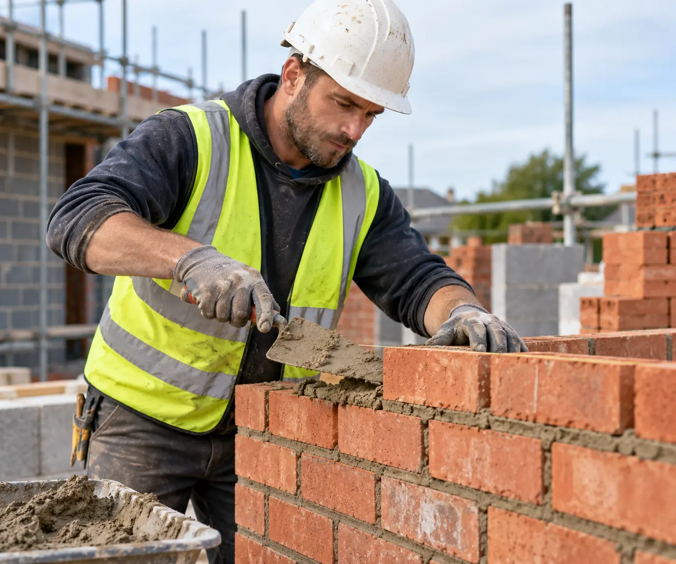 Bricklayer laying a brick wall on a UK construction site