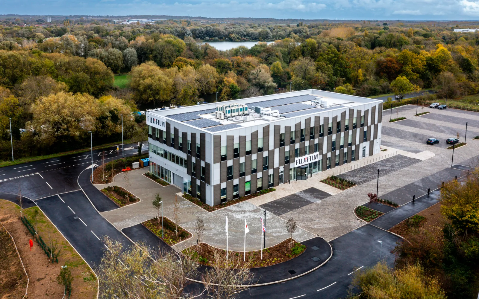 Aerial view of Fujifilm UK headquarters at Bedford Link