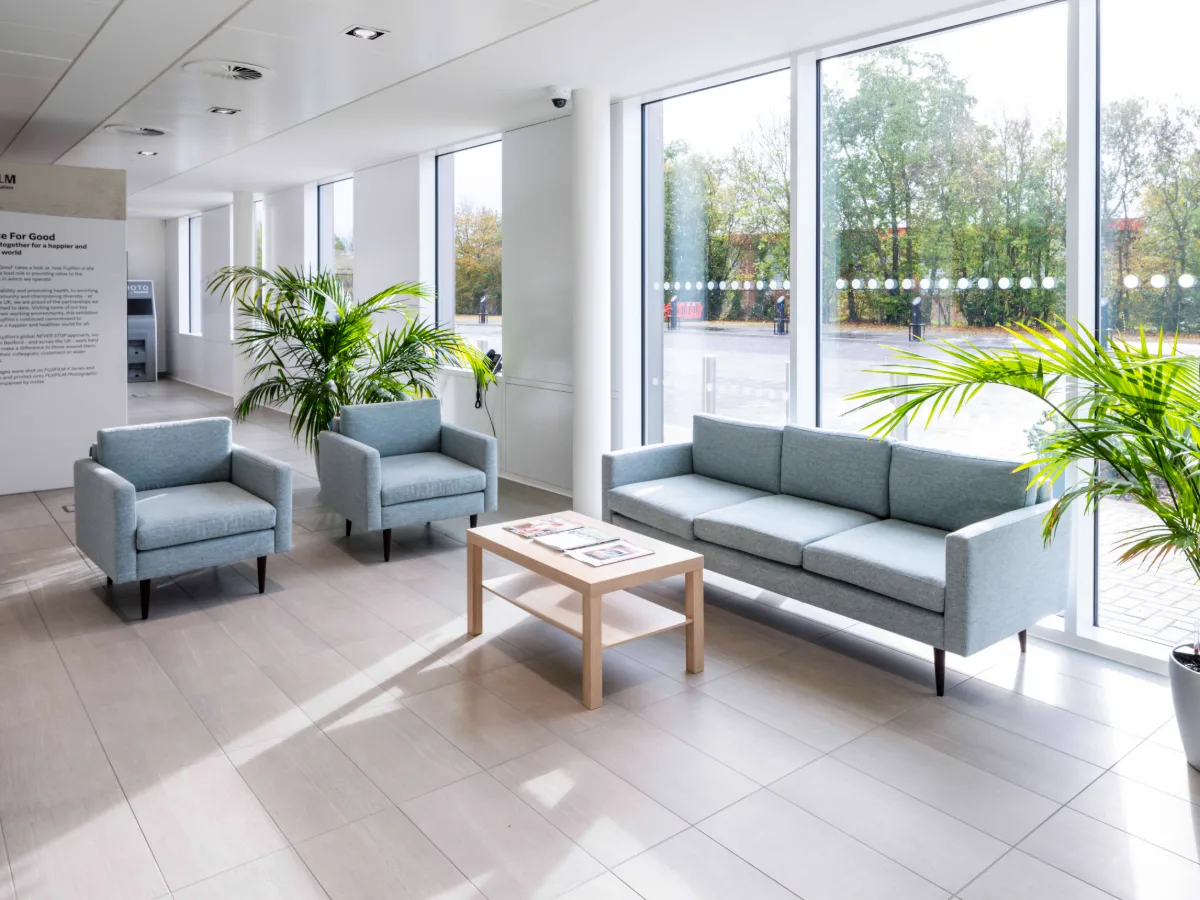 Reception and breakout space inside Fujifilm UK headquarters, Bedford
