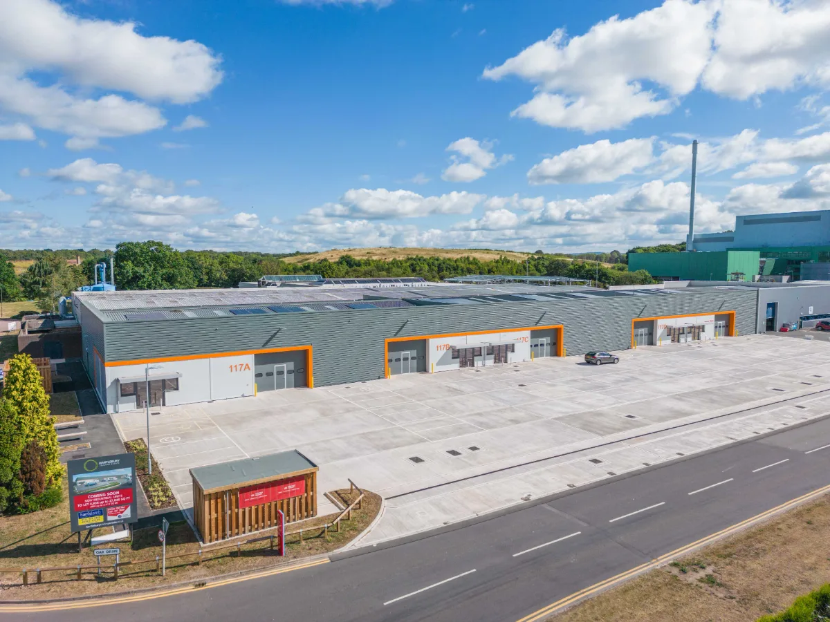Aerial view of the refurbished units and service yard at Hartlebury Trading Estate