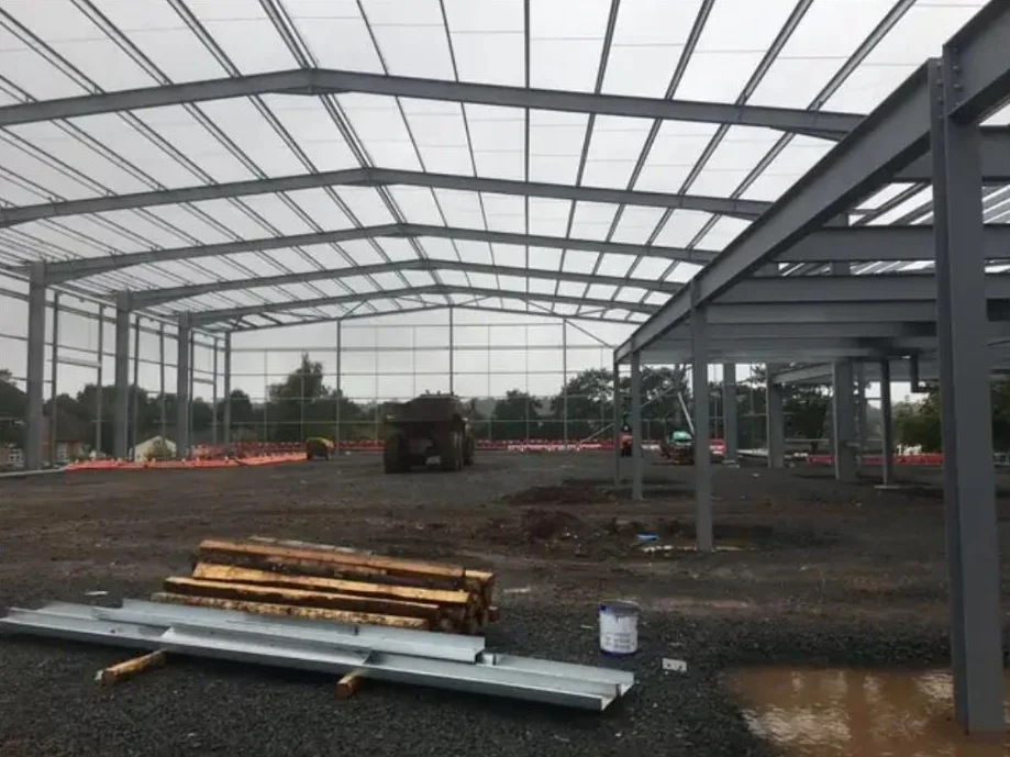 Inside the steel frame of Unit 30 during construction, Hartlebury