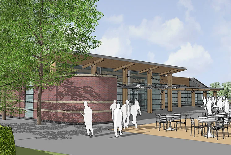 Design visual of the dining hall extension with sedum roof